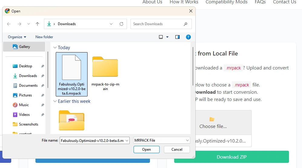 Upload .mrpack file