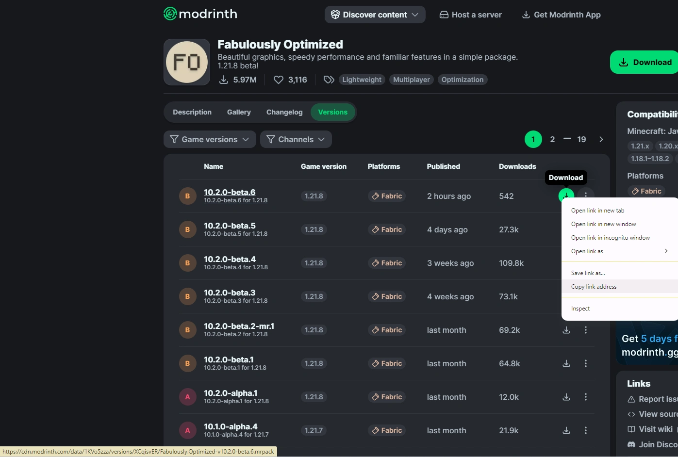 Copy download URL from Modrinth